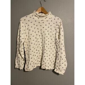 Vintage Russ Shirt Womens Medium Cream Floral Mock Neck Cottagecore Prairie 90s